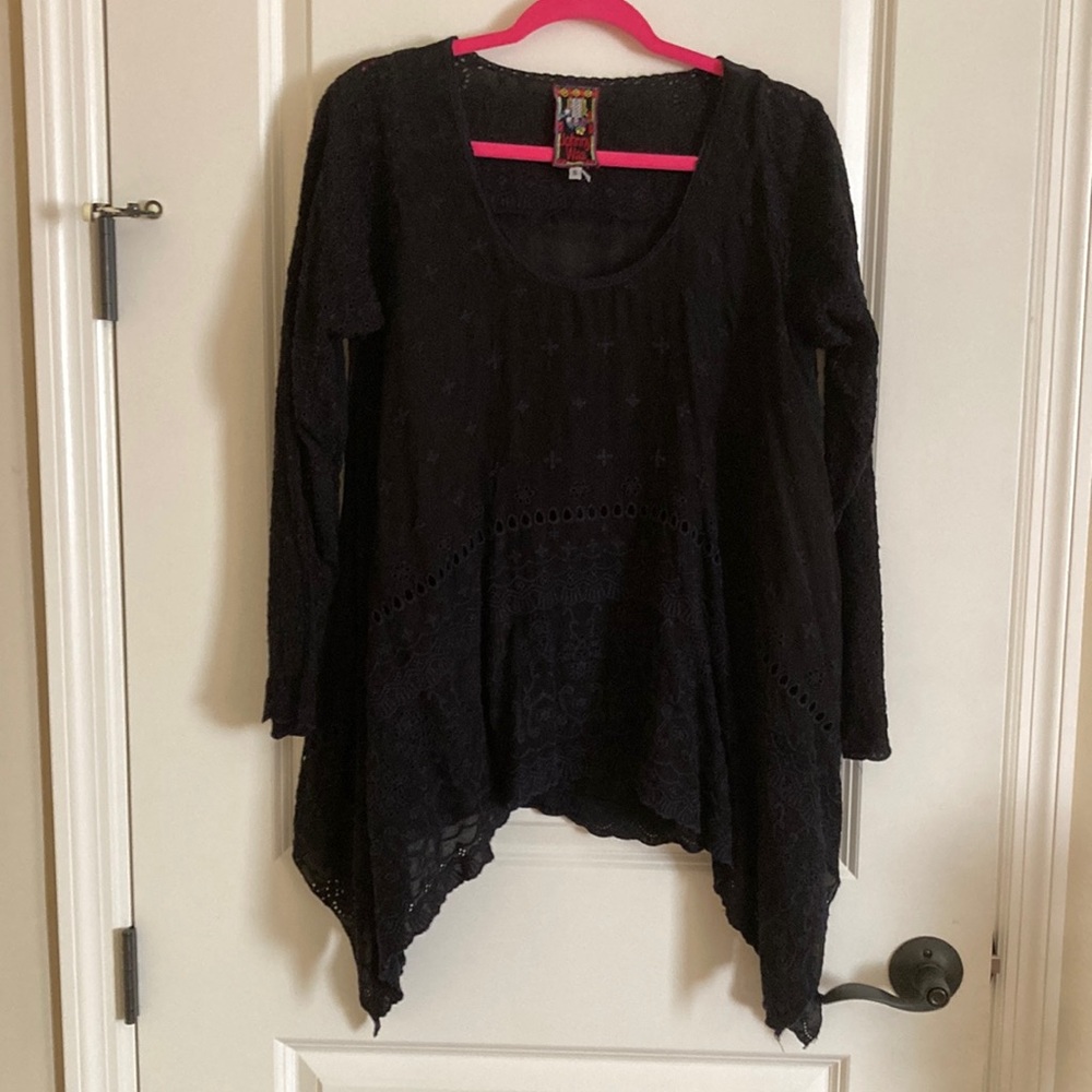Johnny Was Black Asymmetric long Sleeve Tunic. EUC
